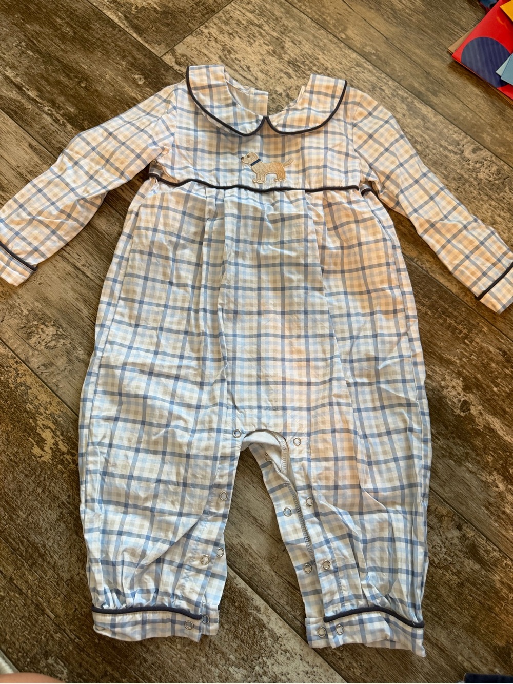 Classic Plaid Baby One-Piece with Dog Applique - Blue/Cream